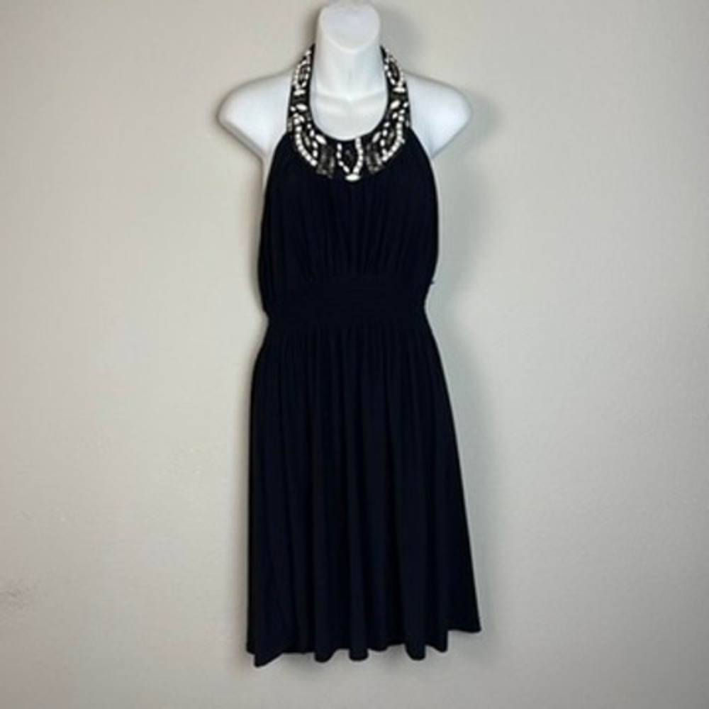 BISOU BISOU Black Halter Embellished Neckline Smocked Waist Midi Dress